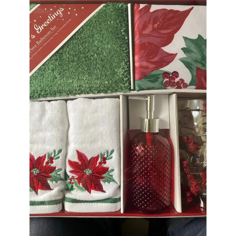 Holiday Time 5 Piece Bathroom Set featuring a poinsettia design. New